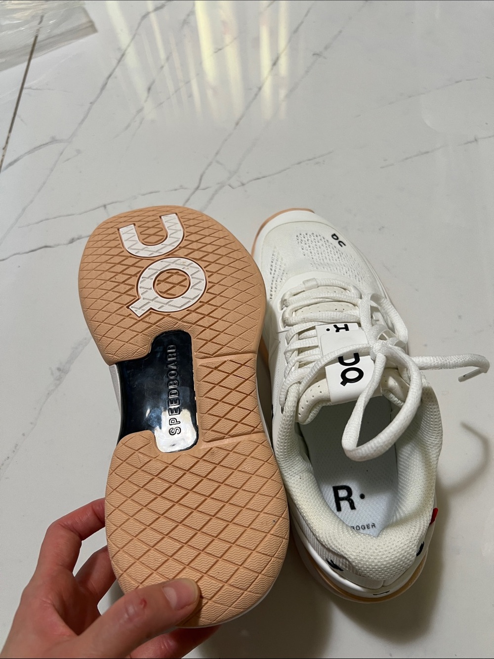 On Running White and Gum Speedboard Athletic Shoes